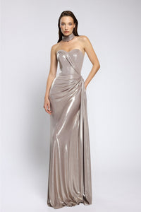 Long evening dress in metallic lycra and detachable cape Silver / US 4 Long evening dress in metallic lycra and detachable cape Silver / US 4