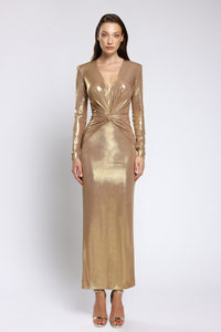 long sleeve metallic midi dress Midi dress in metallic lycra with long sleeves Gold / US 10
