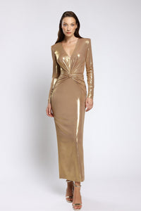 long sleeve lycra dress Amelia Couture 381 Lycra Deep V-neck Long Sleeve Long Dress