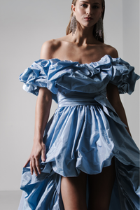 HerTrove-Gathered bodice off shoulder gown