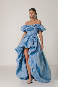 HerTrove-Gathered bodice off shoulder gown