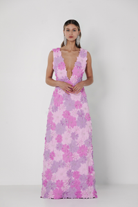 HerTrove-V Neck gown with ombre petals and crystals