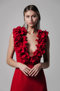 HerTrove-Petals Embellished V Neck gown