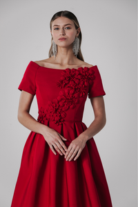 HerTrove-Off shoulder silk gown with petals