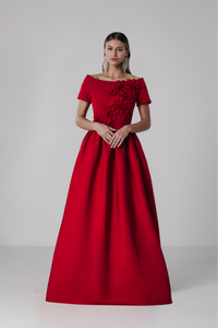 HerTrove-Off shoulder silk gown with petals