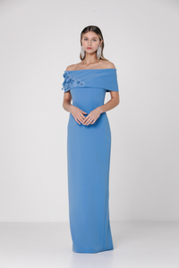 HerTrove-Off Shoulder Roll Collar Gown with Flare Skirt
