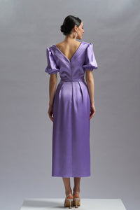 HerTrove-Short sleeves lilac midi satin dress