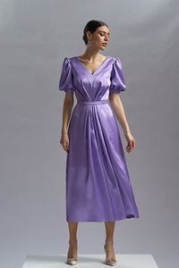 HerTrove-Short sleeves lilac midi satin dress