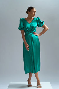 HerTrove-Short sleeves midi satin dress