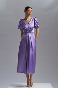 HerTrove-Short sleeves lilac midi satin dress