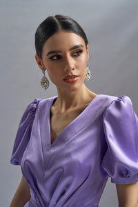 HerTrove-Short sleeves lilac midi satin dress
