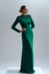 HerTrove-Embroidered neckline green crepe gown