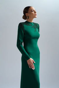 HerTrove-Embroidered neckline green crepe gown