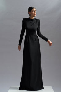 HerTrove-Embroidered neckline red crepe gown
