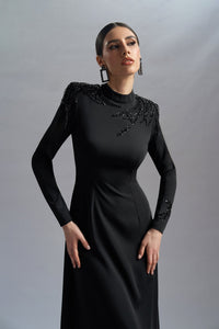 HerTrove-Embroidered neckline red crepe gown