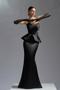 HerTrove-Ruffled waistline satin black dress