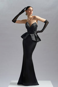 HerTrove-Ruffled waistline satin black dress