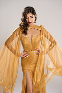 HerTrove-High slit pleated gown with cape
