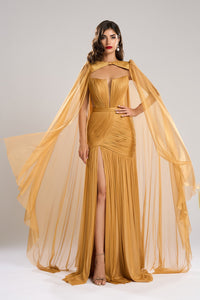 HerTrove-High slit pleated gown with cape