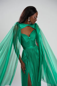 HerTrove-Handmade pleated metallic silk dress with cape