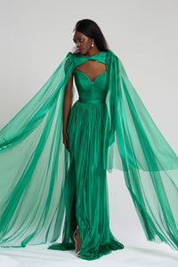 HerTrove-Handmade pleated metallic silk dress with cape