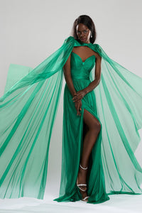HerTrove-Handmade pleated metallic silk dress with cape