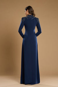 HerTrove-Long sleeves hand embroidered crepe dress