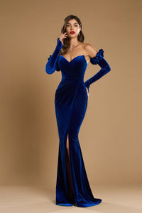 HerTrove-High slit velvet gown with gloves