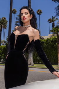 HerTrove-Mermaid velvet dress with french lace