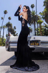 HerTrove-Mermaid velvet dress with french lace