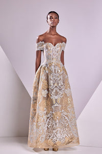 HerTrove-Off shoulder gown with embroidered lace
