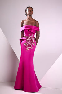 HerTrove-Off shoulder satin dress with embroidery