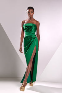 HerTrove-High slit satin dress with pleats