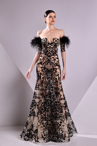 HerTrove-Short sleeves lace dress with feathers