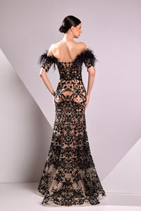 HerTrove-Short sleeves lace dress with feathers