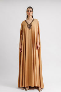 HerTrove-Beaded neckline caramel kaftan