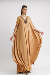 HerTrove-Beaded neckline caramel kaftan