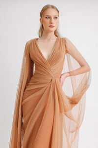 HerTrove-Cape sleeves tulle dress with drapings