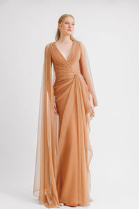 HerTrove-Cape sleeves tulle dress with drapings