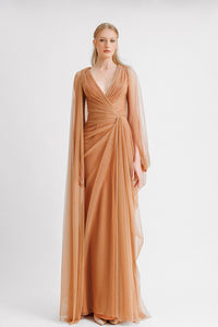 HerTrove-Cape sleeves tulle dress with drapings