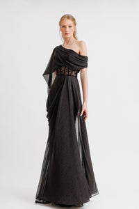 HerTrove-Asymmetrical neckline draped dress