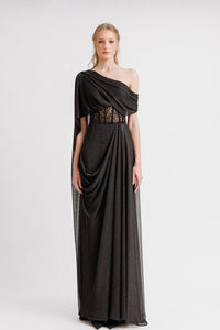HerTrove-Asymmetrical neckline draped dress