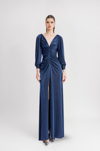 HerTrove-Gathered V-Neck Gown with Slit