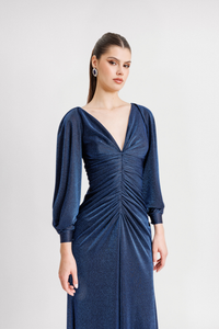 HerTrove-Gathered V-Neck Gown with Slit