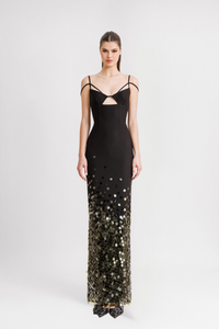 HerTrove-Sequin-Cutout Slim Gown with Back Slit