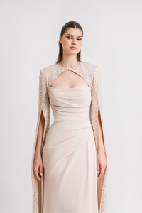 HerTrove-Strapless Gown with Cape and Slit