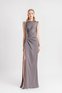 HerTrove-Slim-Cut Gown with Draped Waist