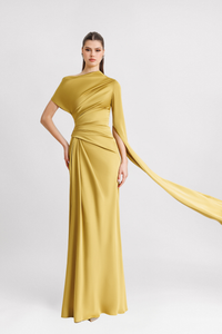 HerTrove-Asymmetrical Neckline yellow cape sleeve Dress