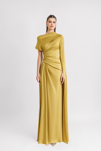 HerTrove-Asymmetrical Neckline yellow cape sleeve Dress