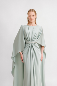 HerTrove-Gathered satin dress with beaded belt